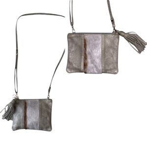 VASH Gray Leather Calf Hair Tassel Crossbody Mini Shoulder Bag Clutch